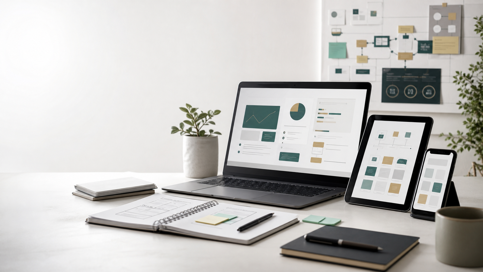 Mesa de trabalho com notebook, tablet e celular exibindo painéis digitais e fluxos de implementação.